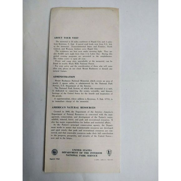 Vintage Ad Advertising 1965 Mount Rushmore National Park Brochure Pamphlet Map - Picture 4 of 8
